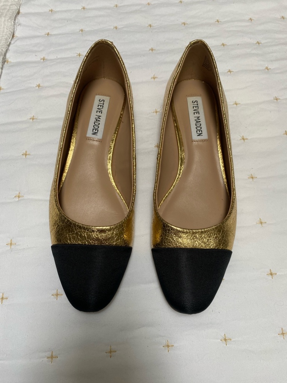 Steve Madden Metallic Gold Flats with Black Cap Toe